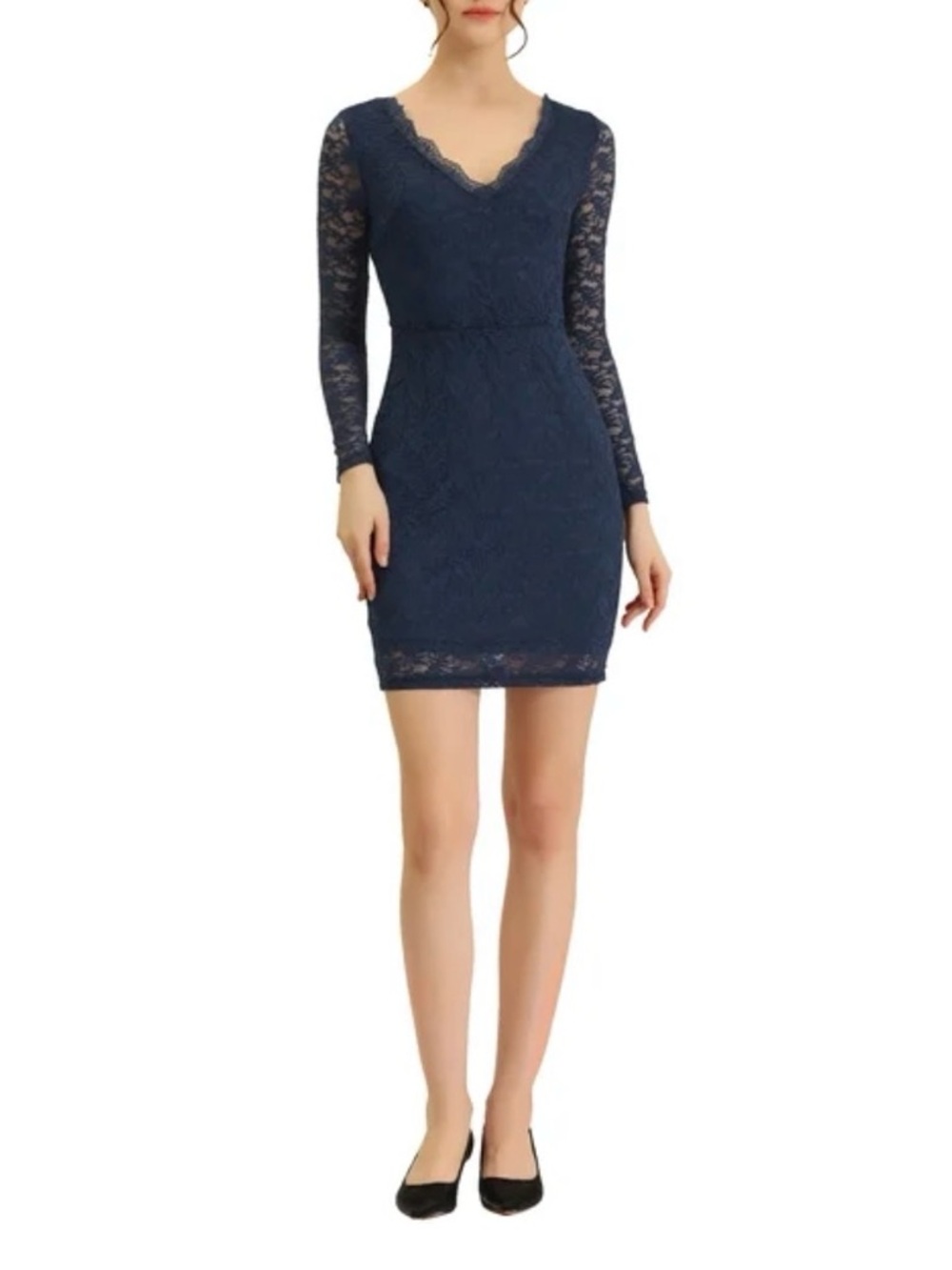 Navy Lace V-Neck Long Sleeve Dress